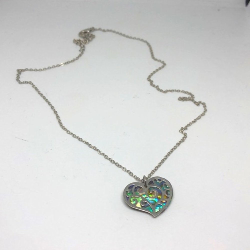 Abalone heart charm in silver chain necklace